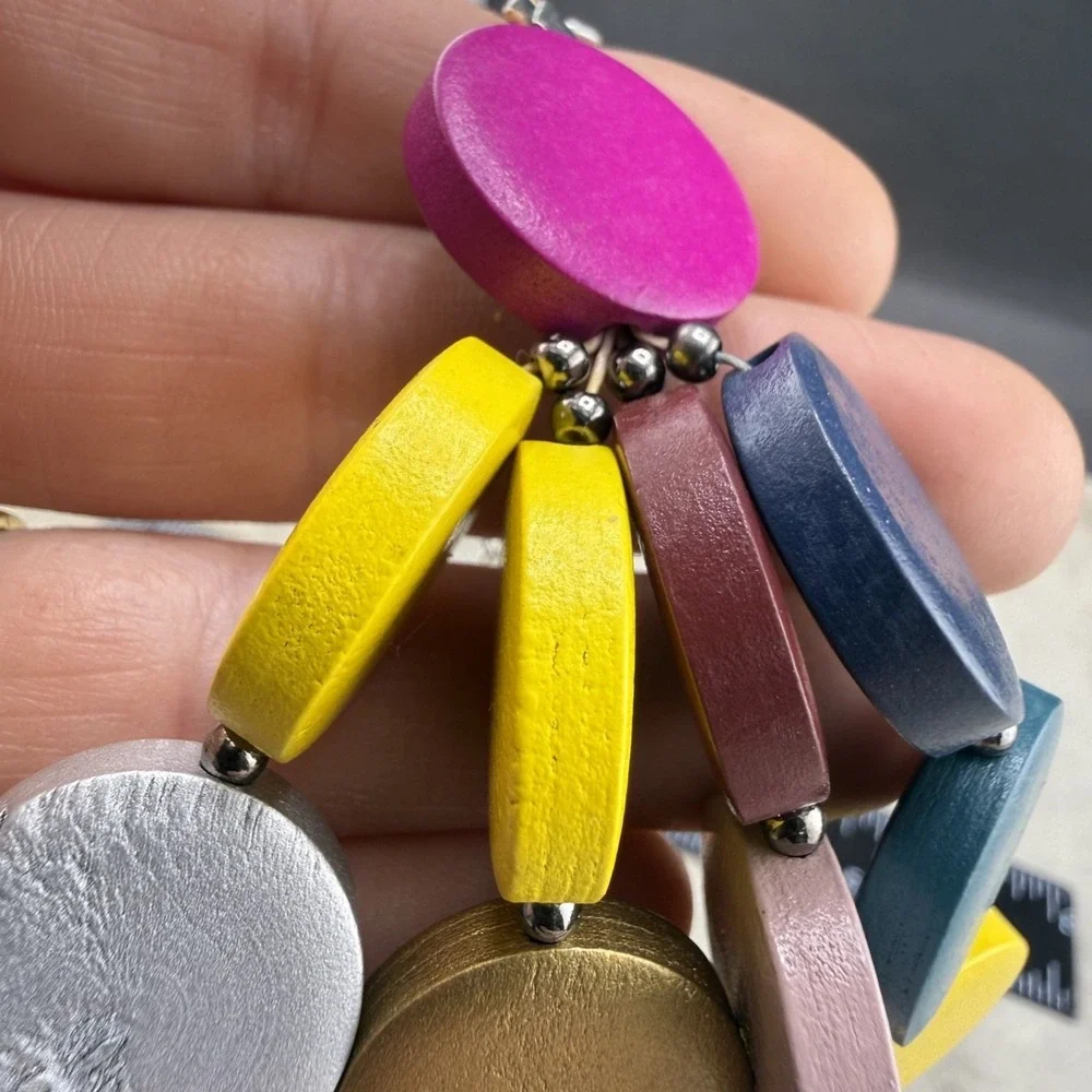 Statement Necklace Layered Painted Wood Disc Bright Summer Party 18" - Picture 7 of 10